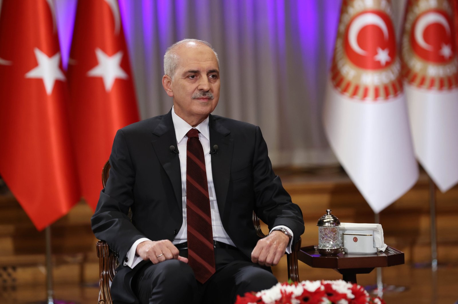 Parliament Speaker Numan Kurtulmuş speaks during an interview, Ankara, Türkiye, Aug. 28, 2024. (AA Photo)