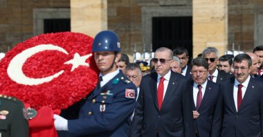 State officials led by President Recep Tayyip Erdoğan (C) pay a visit to the Mausoleum of Atatürk to mark Victory Day, Ankara, Türkiye, Aug. 30, 2024. (AA Photo)
