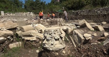 Recent excavations have revealed a marble-columned structure damaged by earthquakes and floods 1,600 years ago in Bartın, Türkiye, Aug. 29, 2024. (İHA Photo)