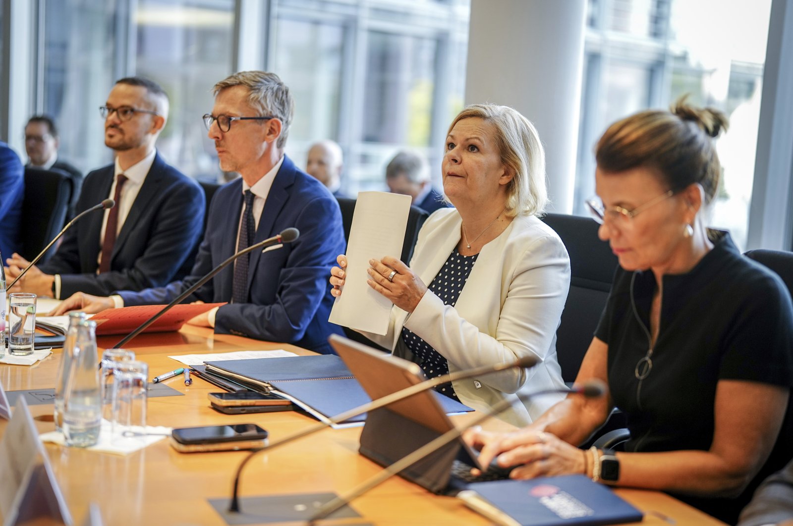 Federal Minister of the Interior and Home Affairs Nancy Faeser (2nd R) attends the special session of the Bundestag&#039;s Committee on Internal Affairs, Berlin, Germany, Aug. 30, 2024. (AFP Photo)