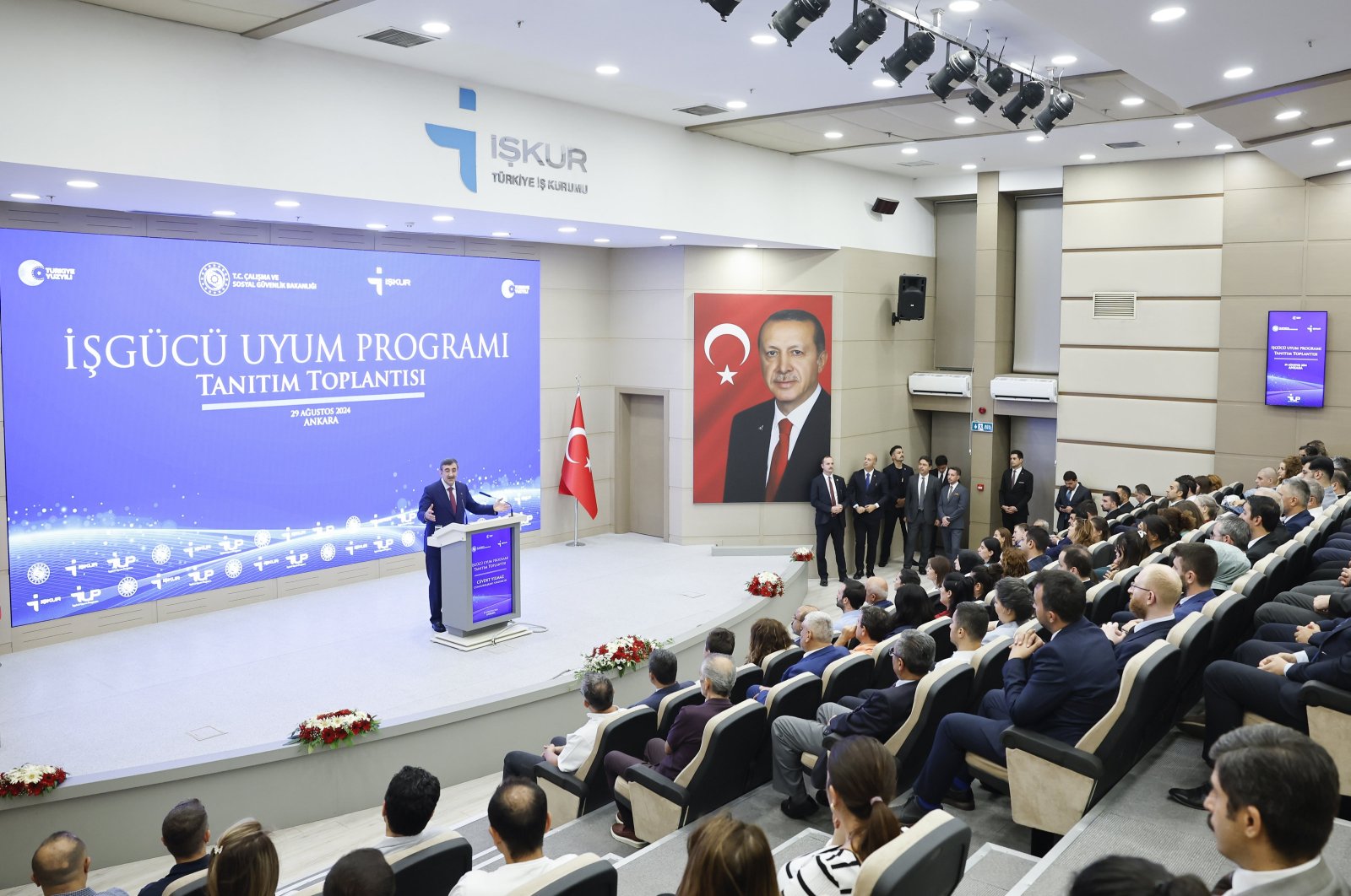 Vice President Cevdet Yılmaz speaks during a meeting to present the “Workforce Adaptation Program,” Ankara, Türkiye, Aug. 30, 2024. (AA Photo)