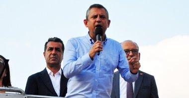 Özgür Özel, chairperson of the Republican People’s Party (CHP), gives a speech in his hometown after attending a program in Izmir, Manisa, Türkiye, Aug. 30, 2024. (DHA Photo)