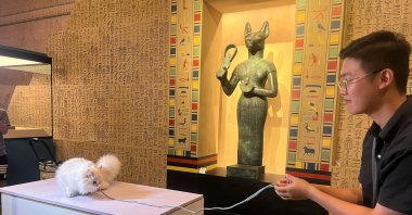 A cat owner helps a cat visitor pose for a photo in front of a statue depicting the cat goddess Bastet during Shanghai Museum&#039;s &quot;Meow Night,&quot; Shanghai, China, Aug. 31, 2024. (Reuters Photo)