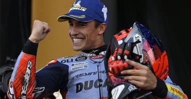 Marc Marquez celebrates winning the Aragon MotoGP in Alcaniz, Spain, Sept. 1, 2024. (AA Photo)