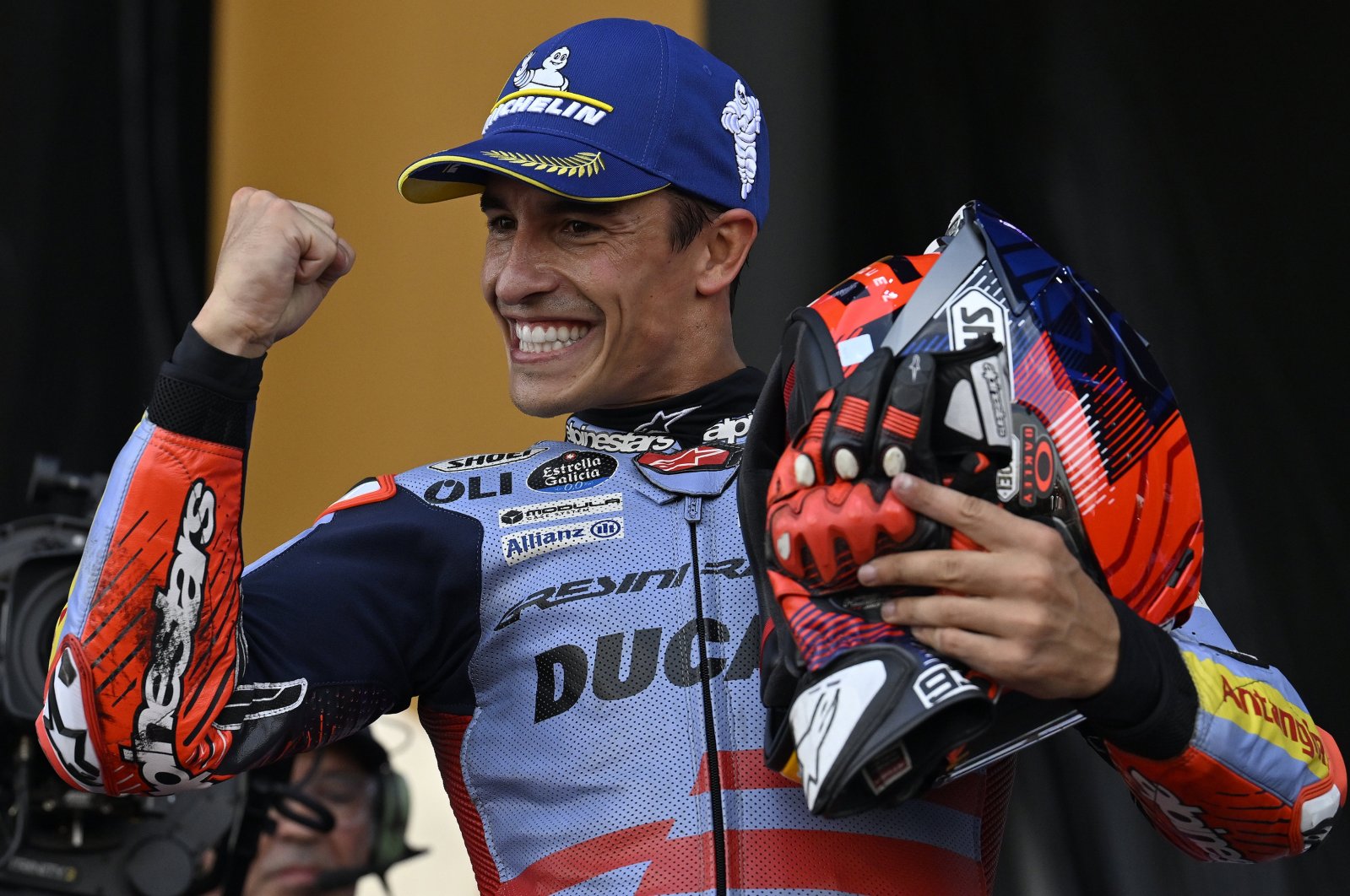 Marc Marquez celebrates winning the Aragon MotoGP in Alcaniz, Spain, Sept. 1, 2024. (AA Photo)