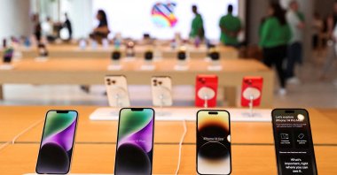 Apple iPhones are seen inside India&#039;s first Apple retail store during a media preview, a day ahead of its launch in Mumbai, India, April 17, 2023. (Reuters Photo)