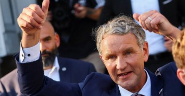 Right-wing Alternative for Germany (AfD) top candidate Bjoern Hoecke gives thumbs up in Erfurt, Germany, Sept. 1, 2024. (Reuters Photo)