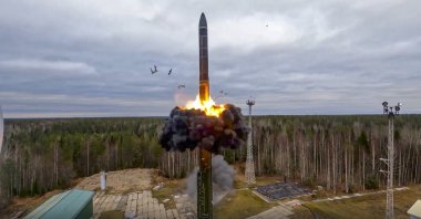 A Yars intercontinental ballistic missile is test-fired as part of Russia's nuclear drills from a launch site in Plesetsk, northwestern Russia, Oct. 26, 2022.