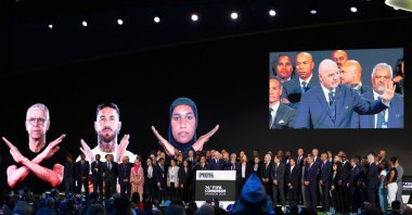 A general view as Gianni Infantino, President of FIFA speaks on stage during the Global Stand Against Racism in Football presentation during the 74th FIFA Congress 2024 at the Queen Sirikit National Convention Center (QSNCC), Bangkok, Thailand, May 17, 2024. (Getty Images Photo)
