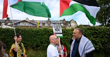 Husam Zomlot (R) Palestinian ambassador to the U.K., takes part in a pro-Palestinian march in Tolpuddle, U.K., July 21, 2024. (Getty Images Photo)