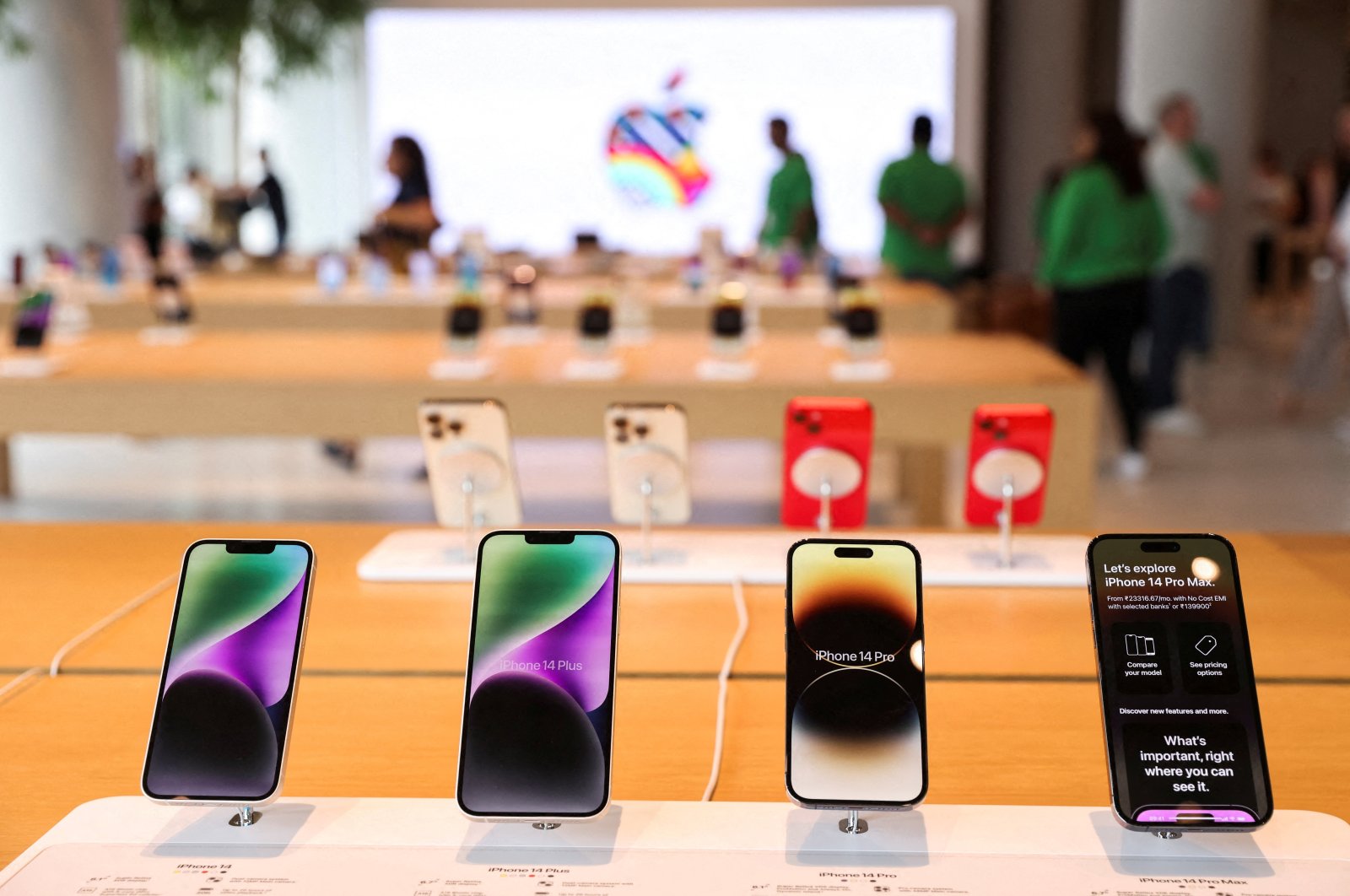 Apple iPhones are seen inside India&#039;s first Apple retail store during a media preview, a day ahead of its launch in Mumbai, India, April 17, 2023. (Reuters Photo)