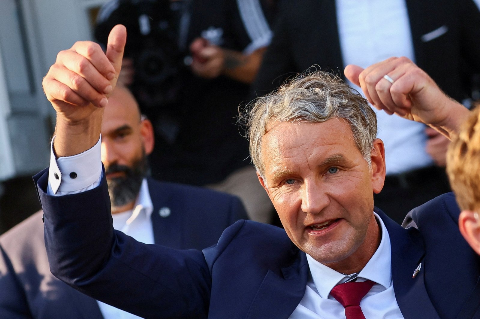 Right-wing Alternative for Germany (AfD) top candidate Bjoern Hoecke gives thumbs up in Erfurt, Germany, Sept. 1, 2024. (Reuters Photo)