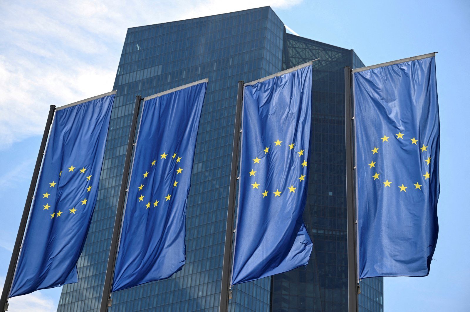 EU flags flutter in front of European Central Bank (ECB) headquarters, Frankfurt, Germany, July 18, 2024. (Reuters Photo)