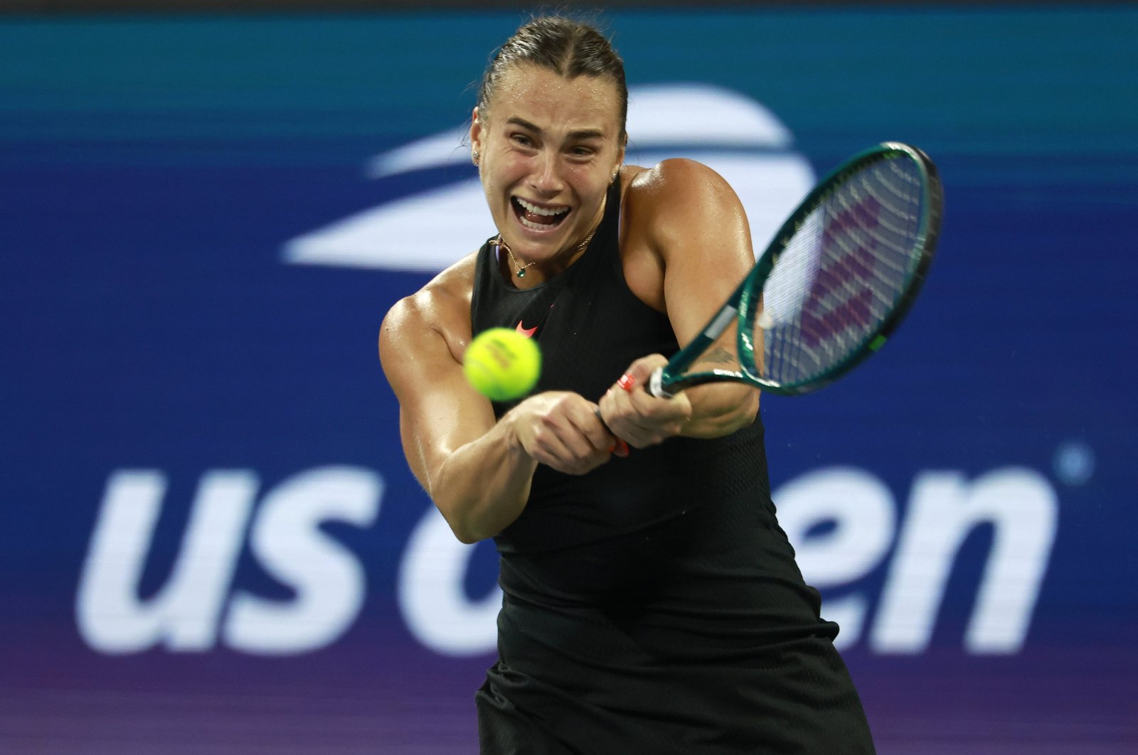 Belarus&#039; Aryna Sabalenka in action against Belgium&#039;s Elise Mertens during their fourth round match at the U.S. Open Tennis Championships at the USTA Billie Jean King National Tennis Center in Flushing Meadows, New York, U.S., Sept. 2024. (EPA Photo)