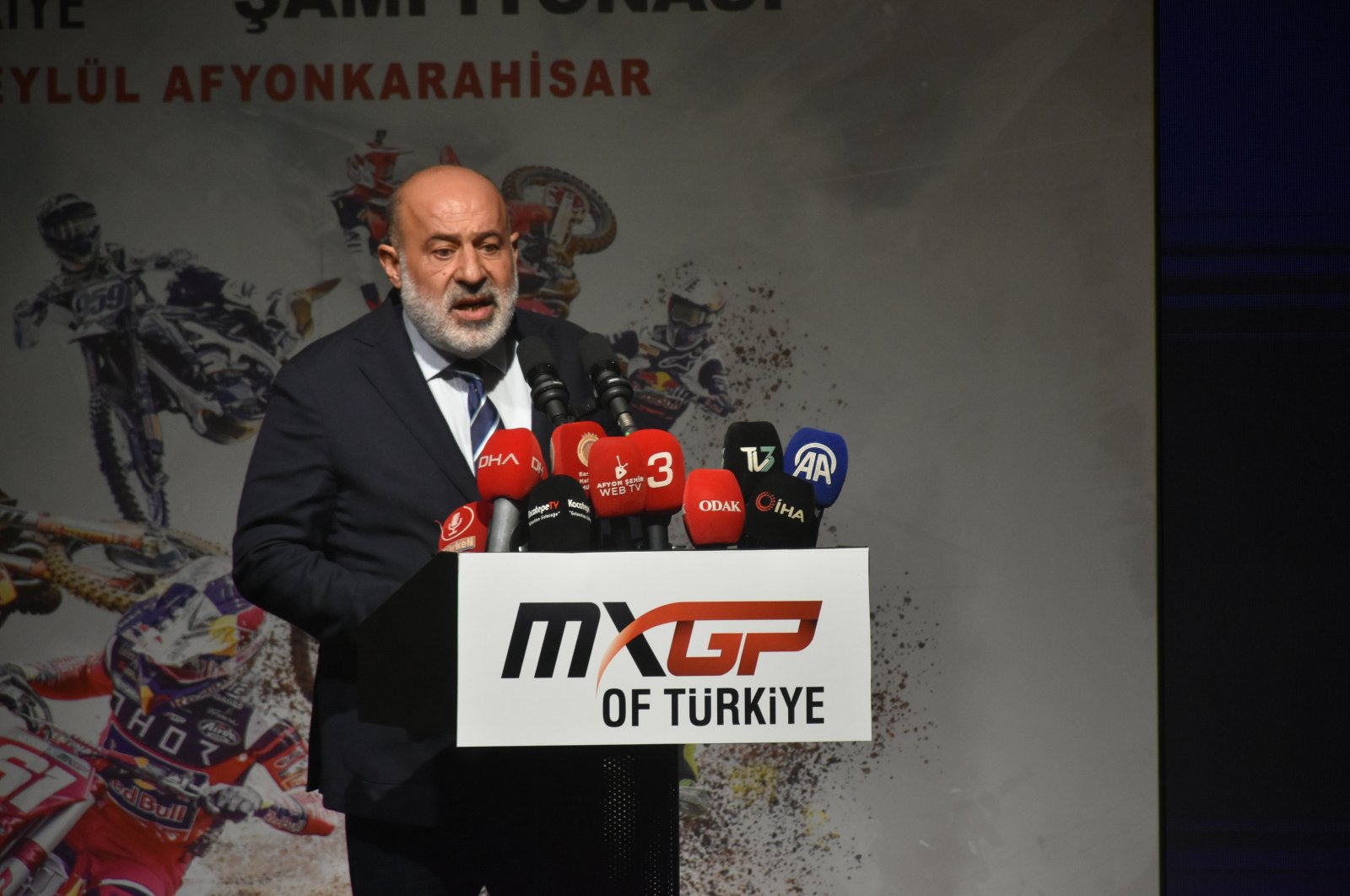 Turkish Motorcycle Federation Vice President Mahmut Nedim Akülke speaks at the MXGP Türkiye press release event, Afyon, Türkiye, Aug. 7, 2024. (AA Photo)