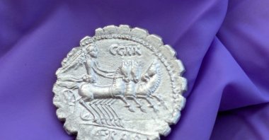 A handout picture shows one of the coins of a treasure of 27 silver Roman coins dated between 94 and 74 B.C. that was discovered on the remote island of Pantelleria, Sicily, Italy Sept. 2, 2024. (Reuters Photo)