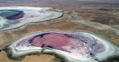 An aerial view of Küçük Lake, now dried up from groundwater misuse and climate change, Konya, Türkiye, Aug. 24, 2024. (DHA Photo)
