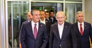 Republican People&#039;s Party (CHP) Chair Özgür Özel (L) and Kemal Kılıçdaroğlu (C) meet for a dinner meeting at the metropolitan municipality building, Ankara, Türkiye, Sept. 1, 2024. (AA Photo)