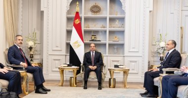Egyptian President Abdel-Fattah el-Sissi (C) receives Foreign Minister Hakan Fidan (L), Alamein, Egypt, Aug. 5, 2024. (AA Photo)