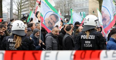 Police officers secure a demonstration of PKK terrorist sympathizers demanding the release of the PKK&#039;s imprisoned leader Abdullah Öcalan, Cologne, Germany, Feb. 17, 2024. (Reuters Photo)