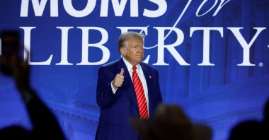 Republican presidential nominee and former U.S. President Donald Trump participates in a fireside chat during the Moms for Liberty National &quot;Joyful Warriors&quot; Summit, in Washington, U.S., Aug. 30, 2024. (Reuters Photo)