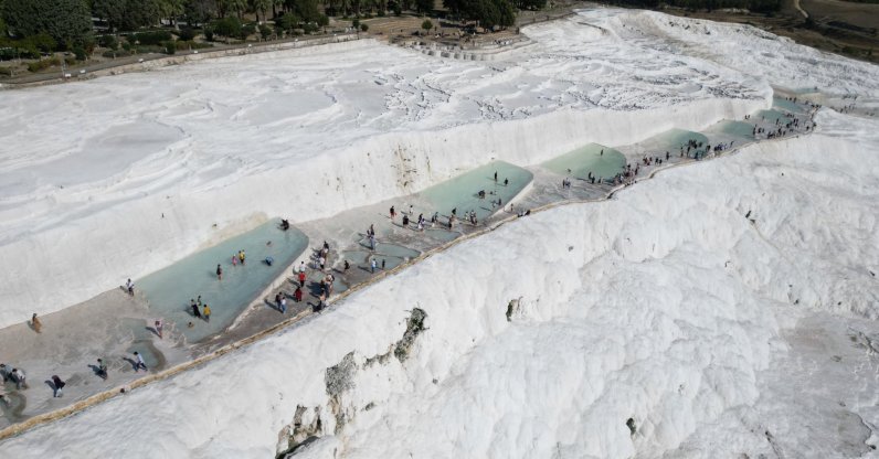 An aerial view of thermal springs in Pamukkale, Denizli, western Türkiye, Sept. 3, 2024. (AA Photo)