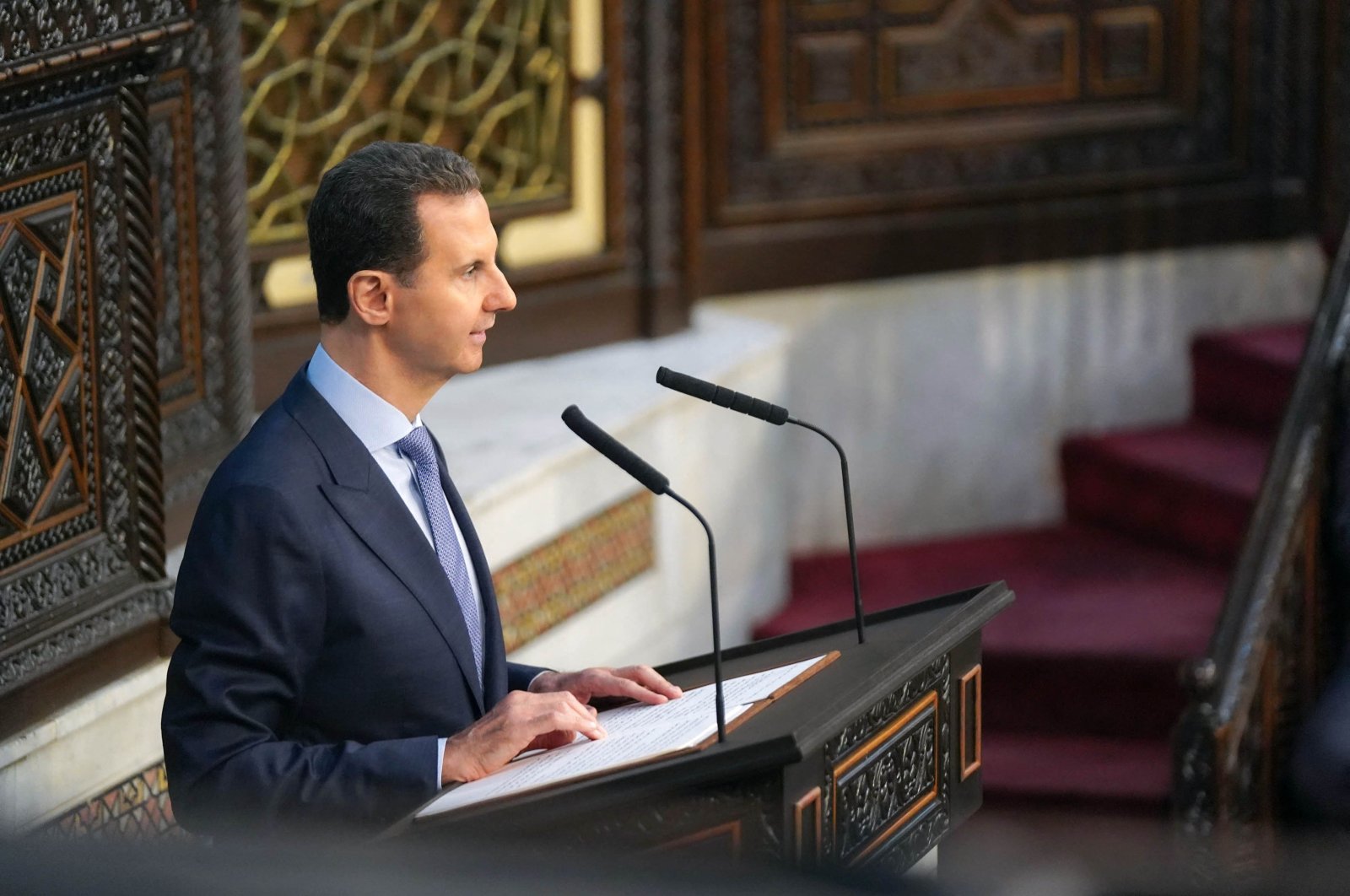 A handout picture released by the official Syrian Arab News Agency (SANA) on Aug. 25, 2024, shows Syrian regime leader Bashar Assad addressing the country&#039;s parliament as it opens a new legislative term, Damascus, Syria. (AFP Photo)