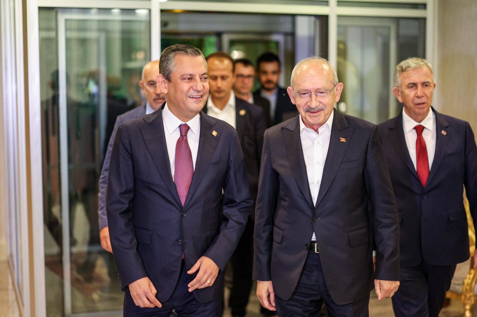 Republican People&#039;s Party (CHP) Chair Özgür Özel (L) and Kemal Kılıçdaroğlu (C) meet for a dinner meeting at the metropolitan municipality building, Ankara, Türkiye, Sept. 1, 2024. (AA Photo)