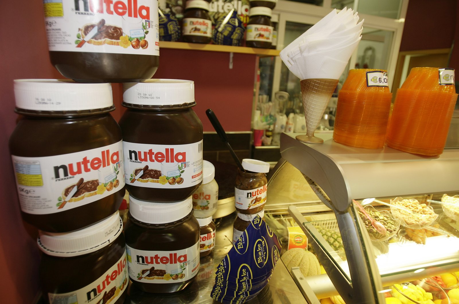 Nutella pots on display in a creperie in Rome, June 18, 2010. (AP Photo)