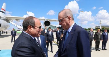 President Recep Tayyip Erdoğan shakes hands with Egyptian President Abdel-Fattah el-Sissi at the airport, Ankara, Türkiye, Sept. 4, 2024. (AA Photo)