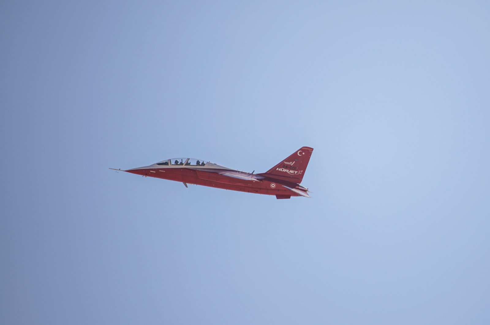 Türkiye&#039;s homegrown light attack aircraft Hürjet developed by Turkish Aerospace Industries (TAI) is seen in the air during the first day of the Egypt International Airshow at the El Alamein International Airport west of Alexandria, Egypt, Sept. 3, 2024. (AA Photo)