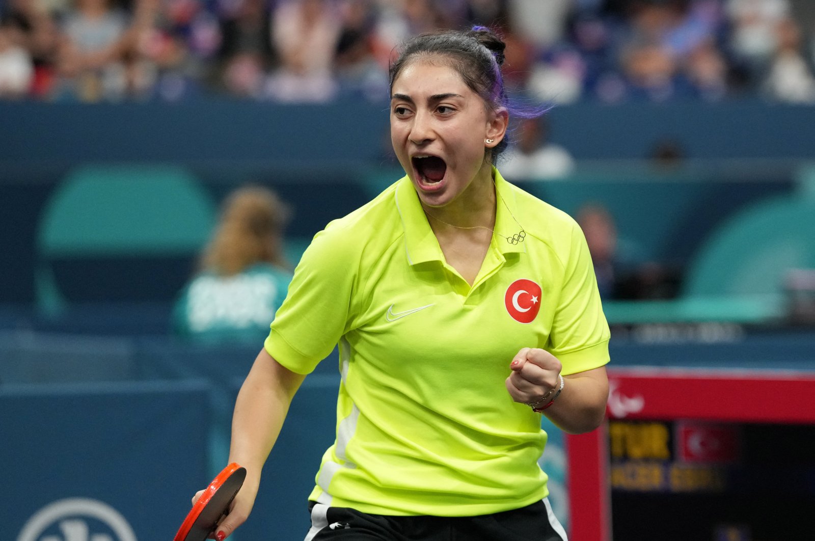 Table tennis player Ebru Acer of Turkey celebrates after winning against Lea Ferney of France at the Paris 2024 Paralympics, Paris, France, Sept. 3, 2024. (Reuters Photo)