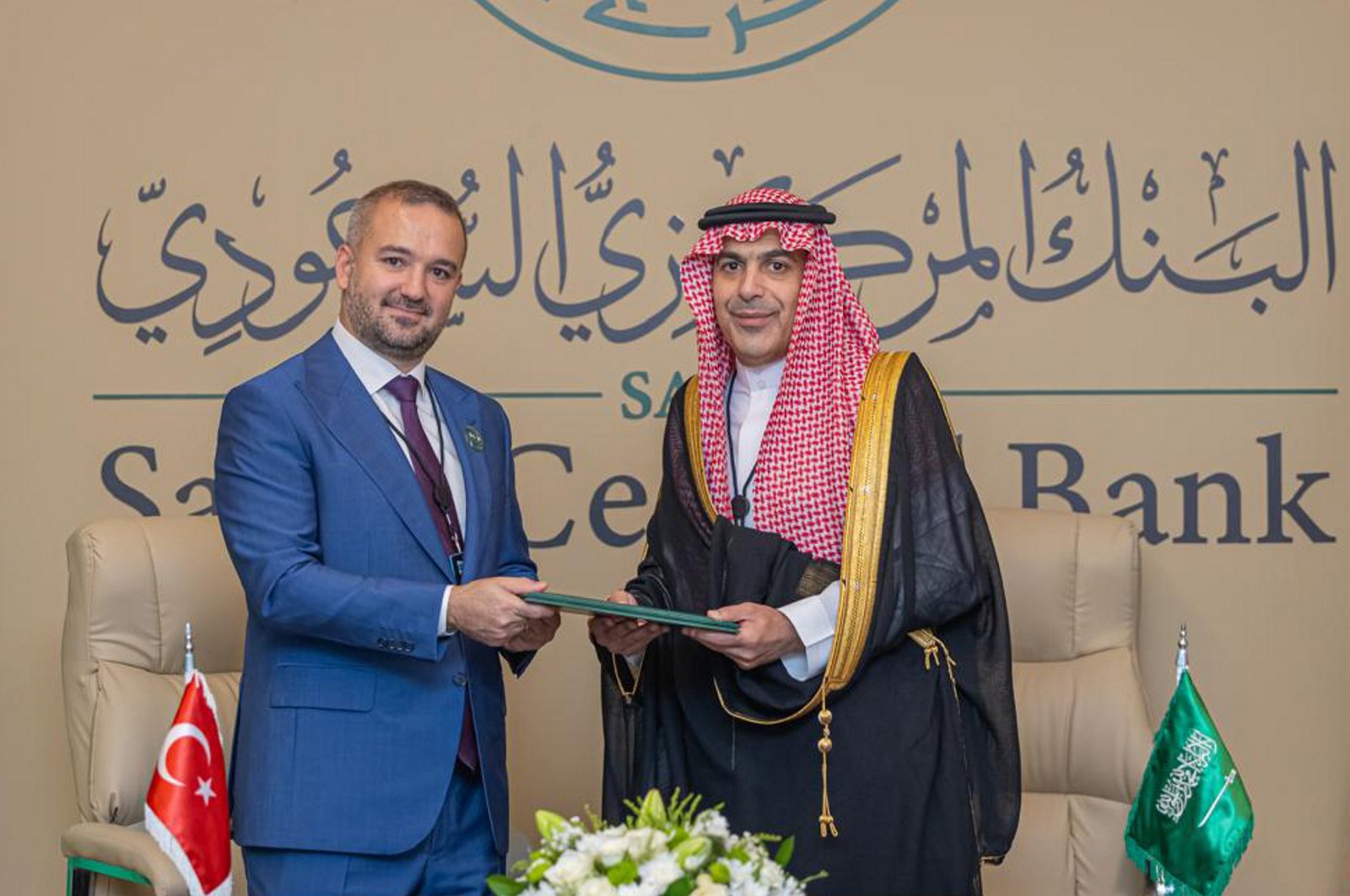 CBRT Governor Fatih Karahan (L) and the Saudi Central Bank’s Governor Ayman M. Al Sayari during a signing of a memorandum on cooperation, Riyadh, Saudi Arabia, Sept. 3, 2024. (AA Photo)