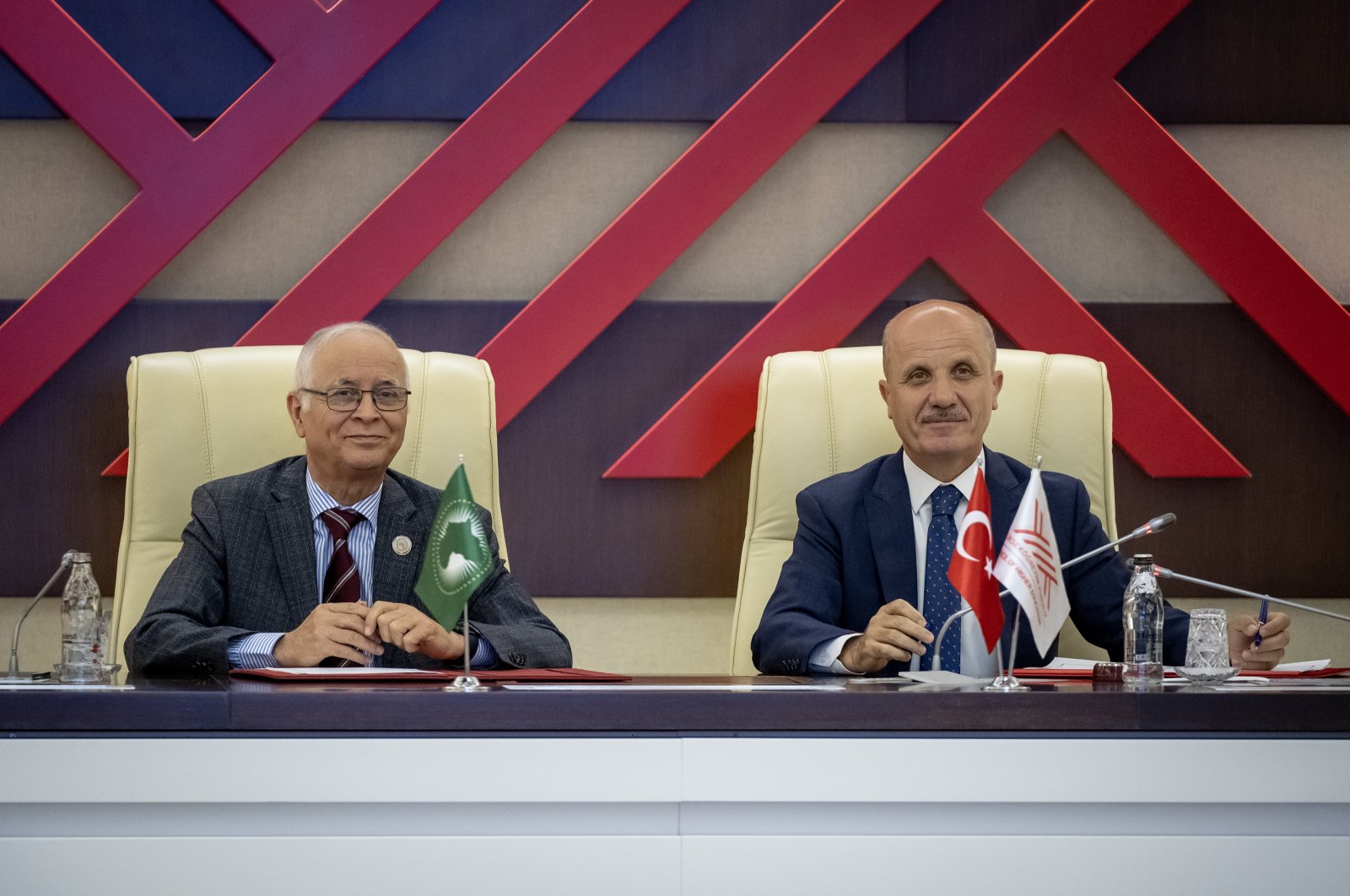 YÖK President professor Erol Özvar (R) and African Union Commissioner professor Mohammed Belhocine, Ankara, Türkiye, Sept. 3, 2024. (AA Photo)