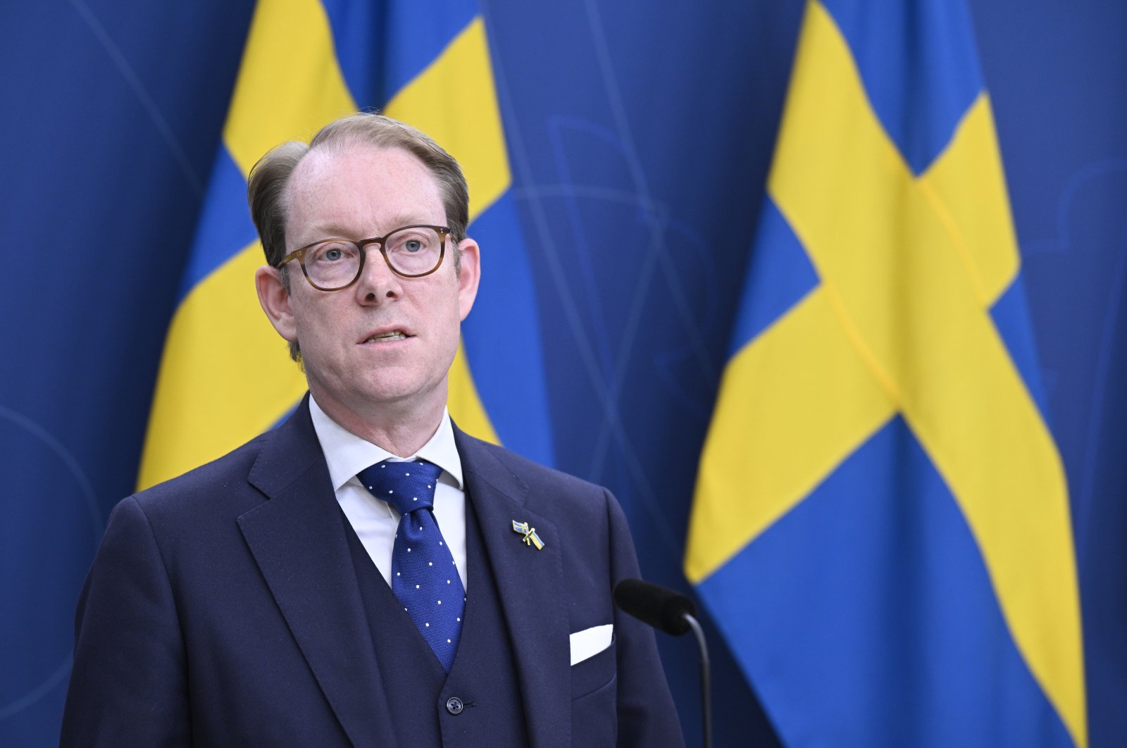 Sweden&#039;s Foreign Minister Tobias Billstrom holds a news conference in Stockholm, Sweden, June 15, 2024. (EPA File Photo)