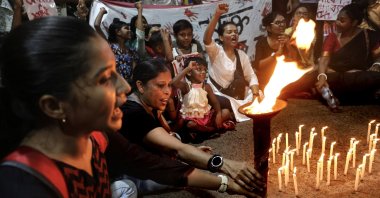 Participants shout slogans during a candlelight mass protest to demand justice over last month&#039;s rape and murder of a trainee doctor, in Kolkata, India, Sept. 4, 2024. (EPA Photo)