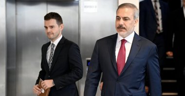 Turkish Foreign Minister Hakan Fidan (R), accompanied by his North Macedonian counterpart Timco Mucunski (L), arrives to attend a joint news conference in Skopje, Republic of North Macedonia, Sept. 5, 2024. (EPA Photo)