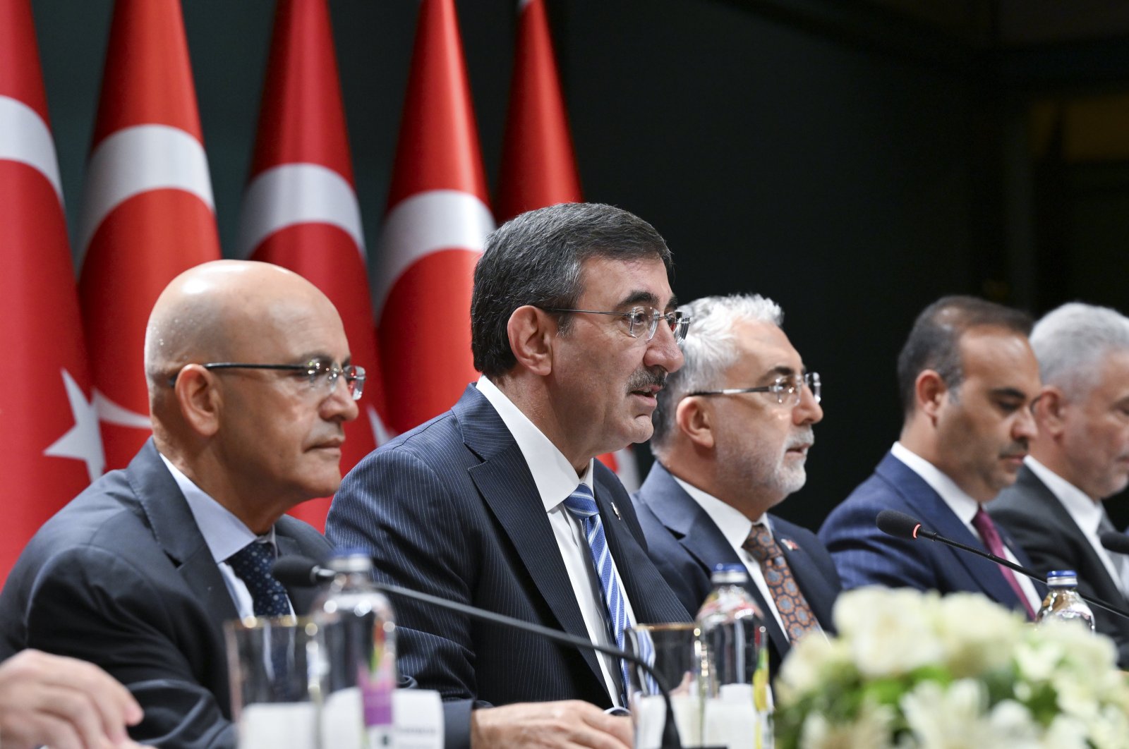 Vice President Cevdet Yılmaz (2-L), Treasury and Finance Minister Mehmet Şimşek (L), Labor Minister Vedat Işıkhan and other officials attend the medium-term program presentation, Ankara, Türkiye, Sept. 5, 2024. (AA Photo)