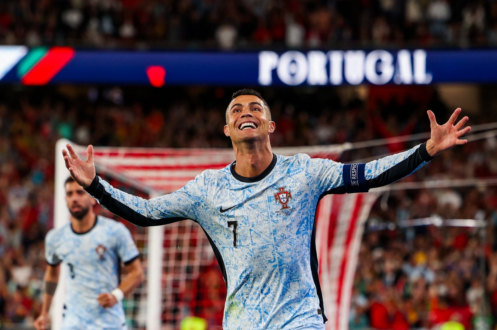 Cristiano Ronaldo of Portugal celebrates scoring their second goal, and his 900th career goal, during the UEFA Nations League Group A football match between Portugal and Croatia, in Lisbon, Portugal, Sept. 5, 2024. (EPA Photo)