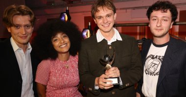 Nicholas Eden, Lily Fontaine, Douglas Frost and Lewis Whiting of English Teacher after winning the Mercury Music Prize, London, U.K., Sept. 5, 2024 (Getty Images)