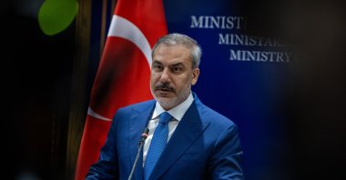 Foreign Minister Hakan Fidan speaks at a joint news conference with Kosovan counterpart Donika Gervalla-Schwarz in Pristina, Kosovo, Sept. 6, 2024. (AA Photo)