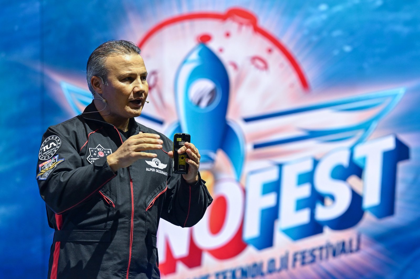 Türkiye’s first astronaut, Alper Gezeravcı, speaks at a Teknofest event in Antalya, southern Türkiye, Sept. 5, 2024. (AA Photo)