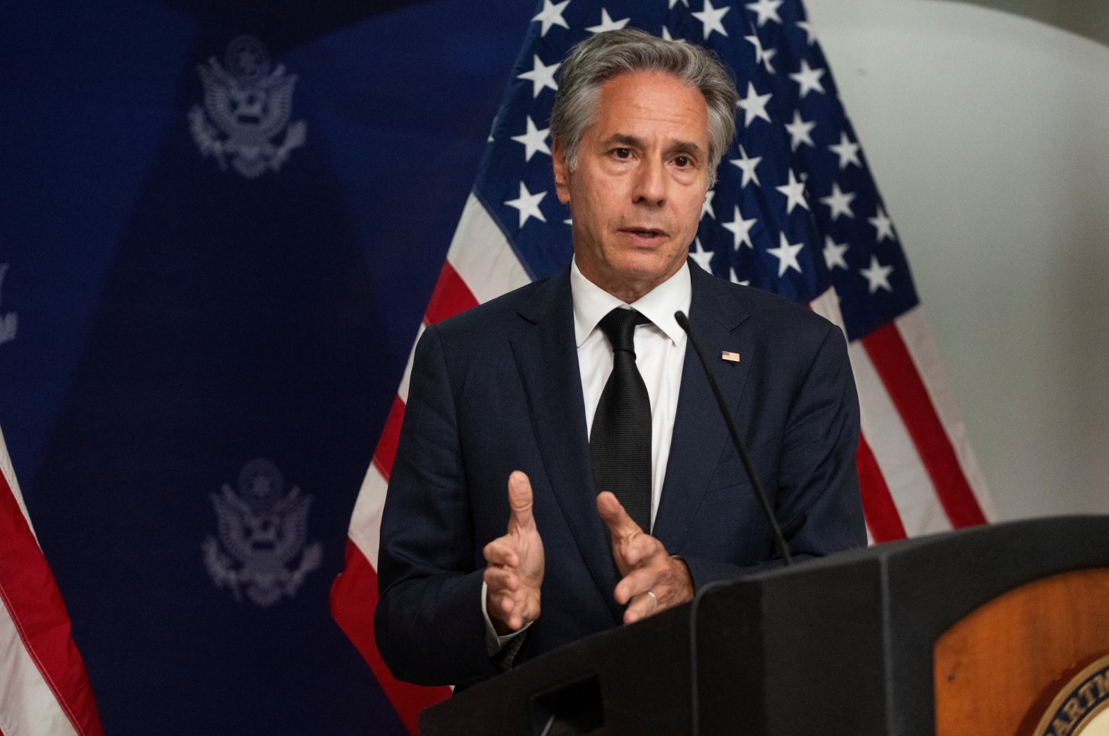 U.S. Secretary of State Antony Blinken speaks during a press conference at the end of his one-day visit to Haiti at the Toussaint Louverture International Airport in Port Au Prince on Sept. 5, 2024. (Reuters Photo)