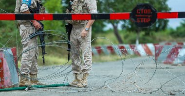 Russian peacekeepers at the Aghdam-Khankendi border in Aghdam, Azerbaijan, Aug. 30, 2023. (Getty Images Photo)