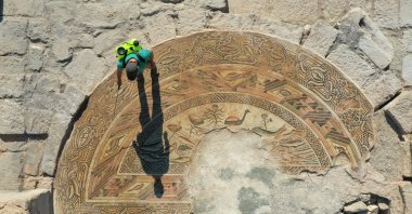 An aerial view of one of the mosaics in the church at the ancient city of Dülük, Gaziantep, Türkiye, Sept. 5, 2024. (AA Photo)