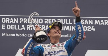 Spain&#039;s Marc Marquez celebrates winning the San Marino Grand Prix in Misano Adriatico, Italy, Sept. 8, 2024. (EPA Photo)