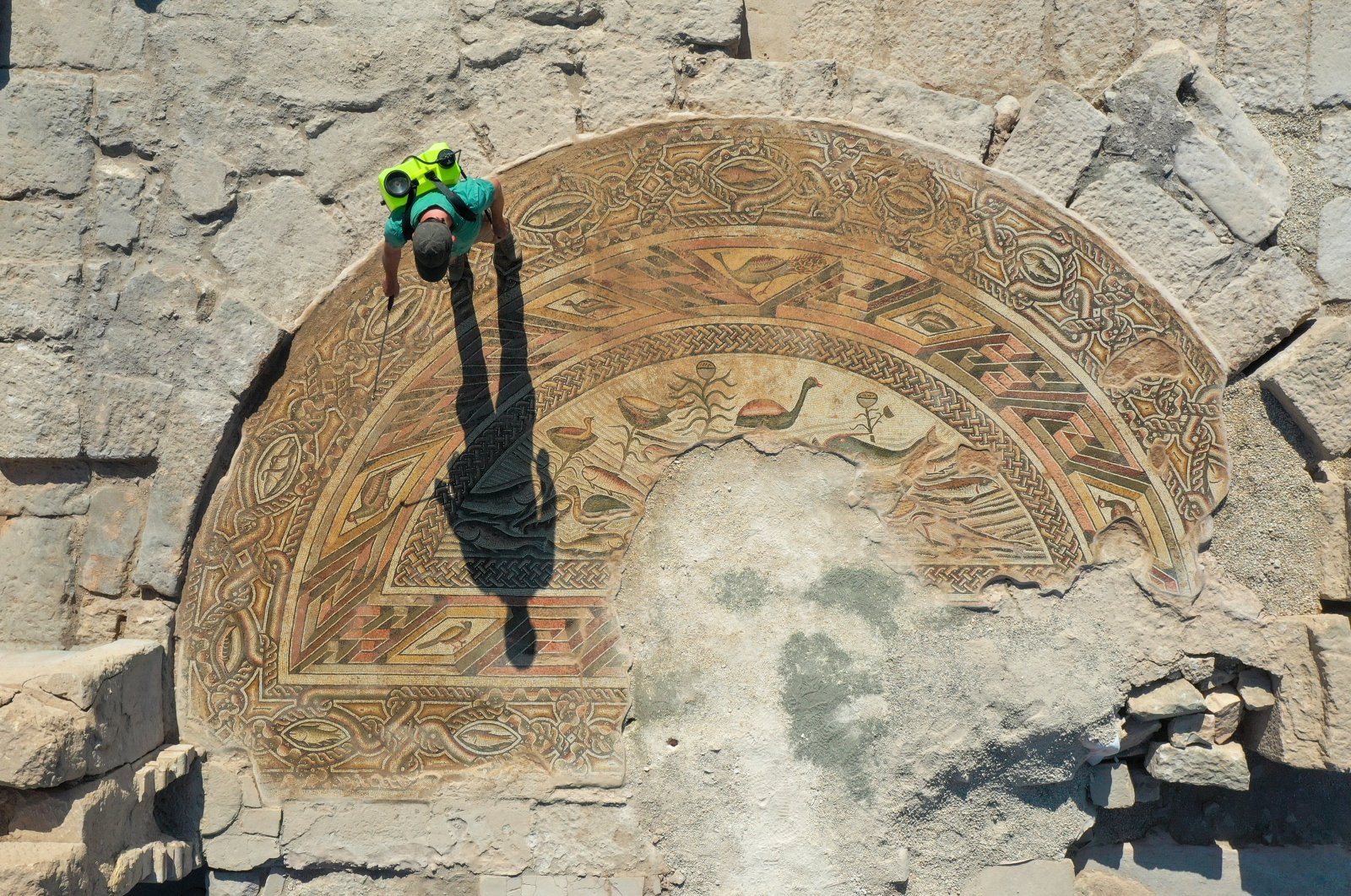 An aerial view of one of the mosaics in the church at the ancient city of Dülük, Gaziantep, Türkiye, Sept. 5, 2024. (AA Photo)