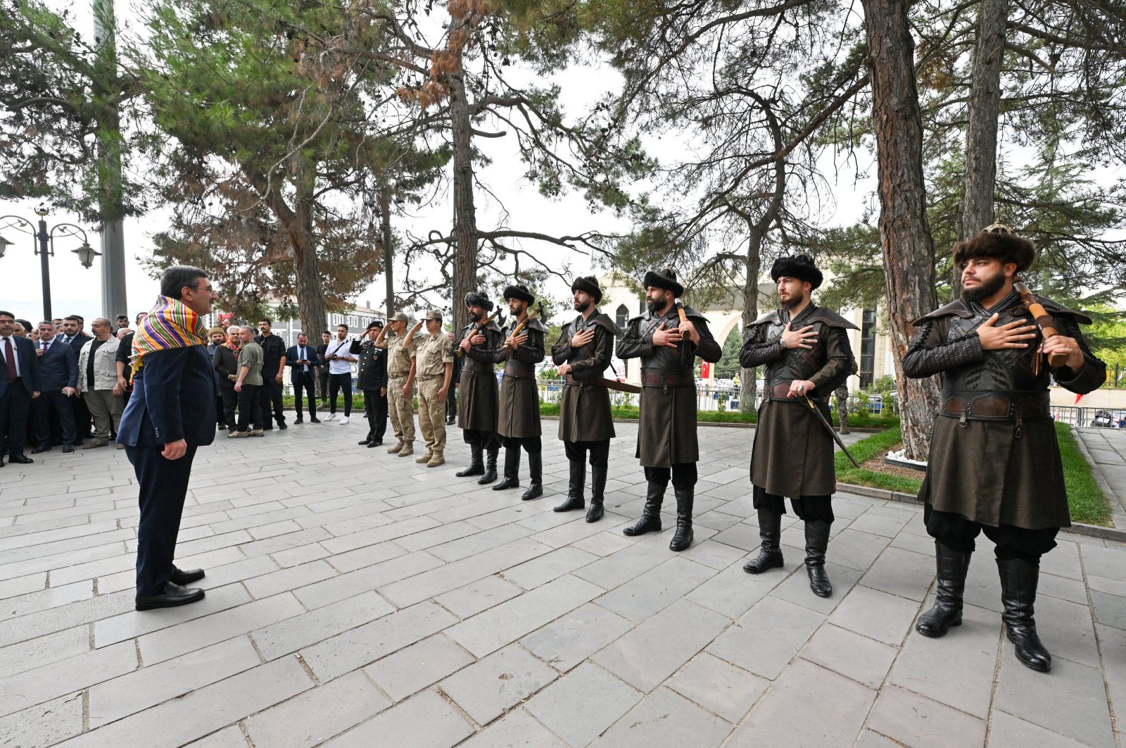 Vice President Cevdet Yılmaz salutes honor guards dressed in Ottoman costumes, in Söğüt, Bilecik, northwestern Türkiye, Sept. 8, 2024. (AA Photo)