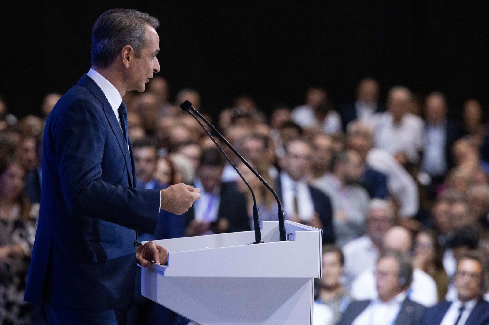 Greek Prime Minister Kyriakos Mitsotakis addresses the inaugural ceremony of the 88th Thessaloniki International Fair, Thessaloniki, Greece, Sept. 7, 2024. (EPA Photo)