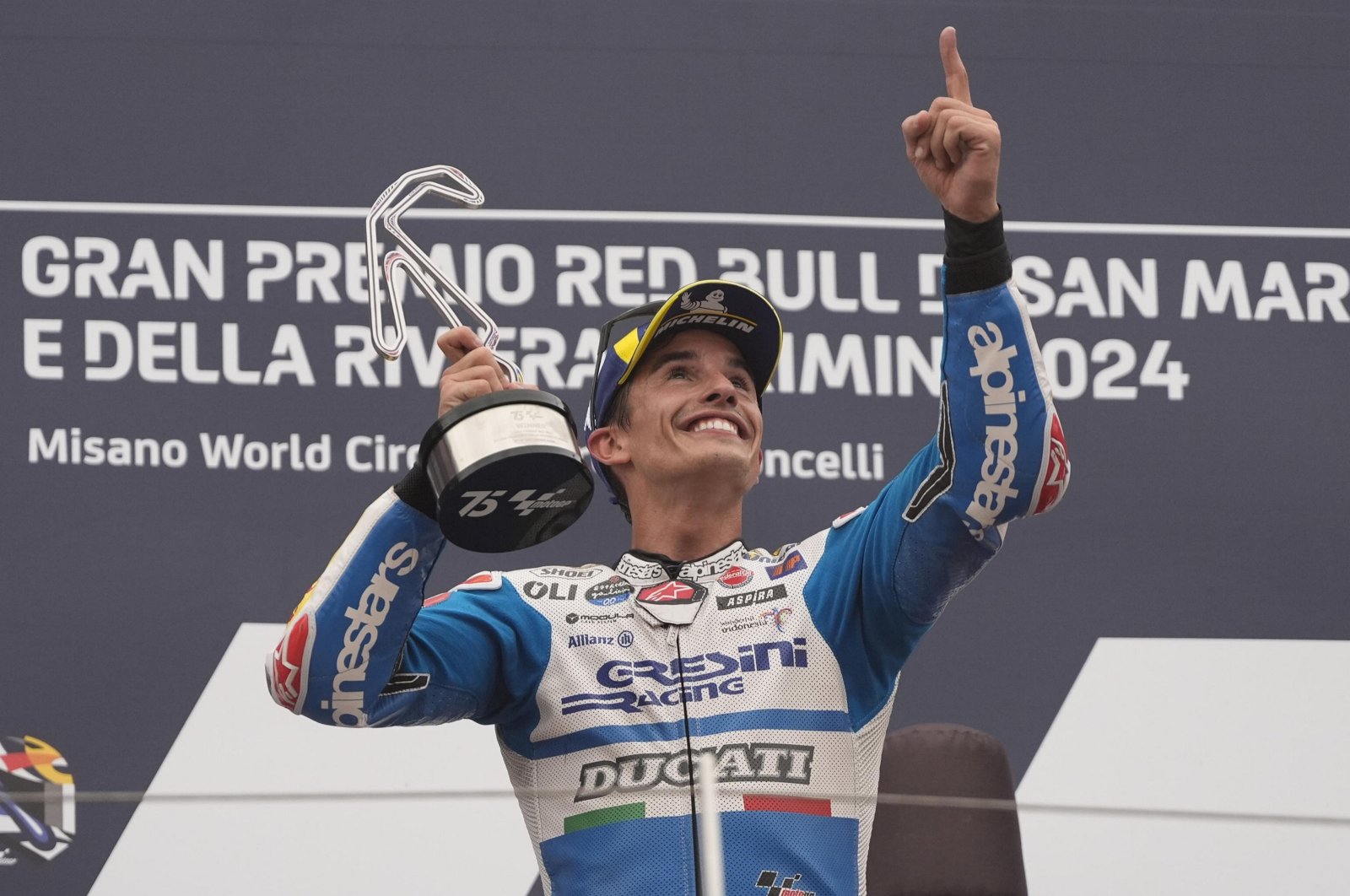 Spain&#039;s Marc Marquez celebrates winning the San Marino Grand Prix in Misano Adriatico, Italy, Sept. 8, 2024. (EPA Photo)